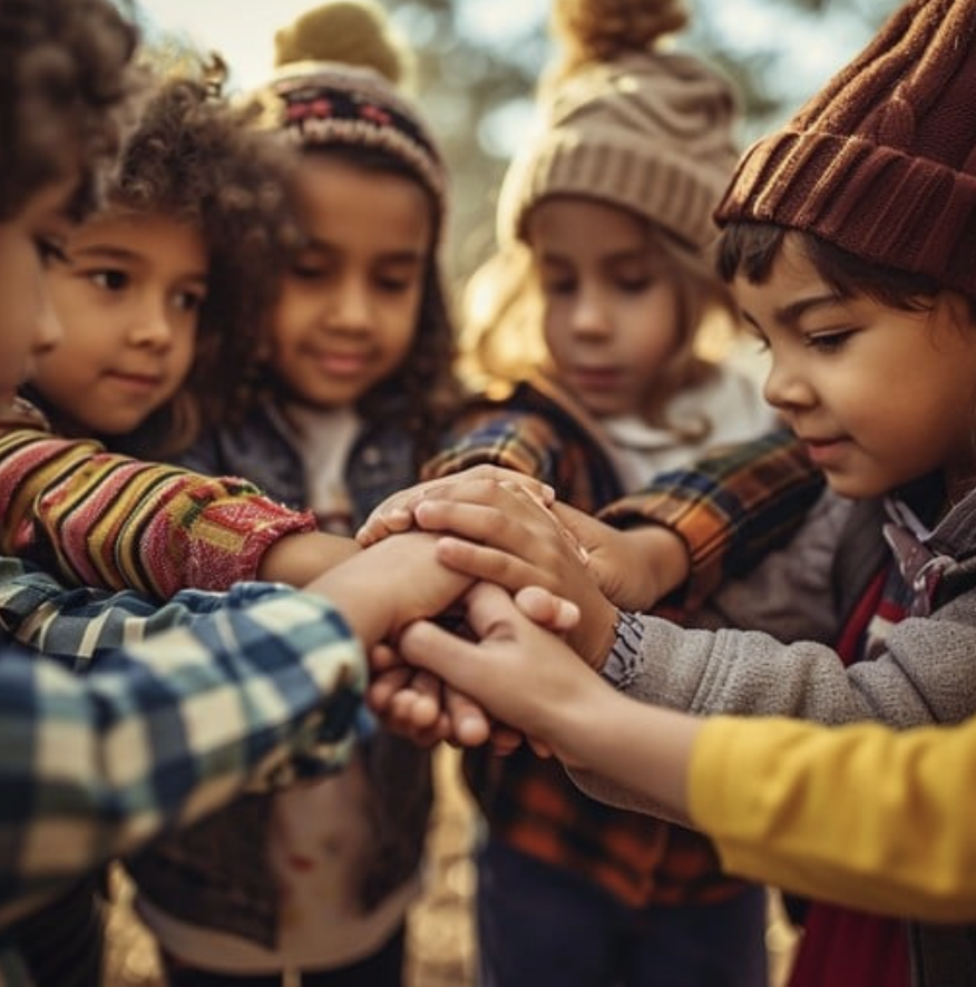 Children placing their hands in a huddle